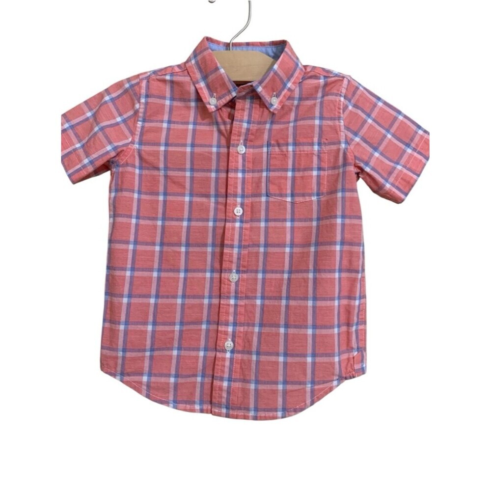 Janie and Jack Button Down Shirt Boys Plaid Short Sleeve Pink Blue Casual 3T - Picture 1 of 5